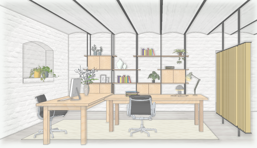Bureauruimte met gewelfd plafond, coworking bureau oudenaarde met baksteen gewelven, Eames soft pad, roomdivider in hout, stalen poutrelles